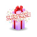 Surprise gift box with red satin bow open with confetti Royalty Free Stock Photo